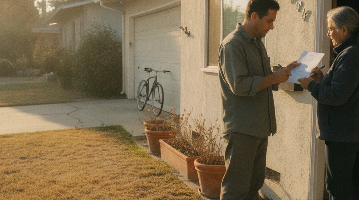 A neighbor signing a petition sheet on the front step of a San Jose ranch house