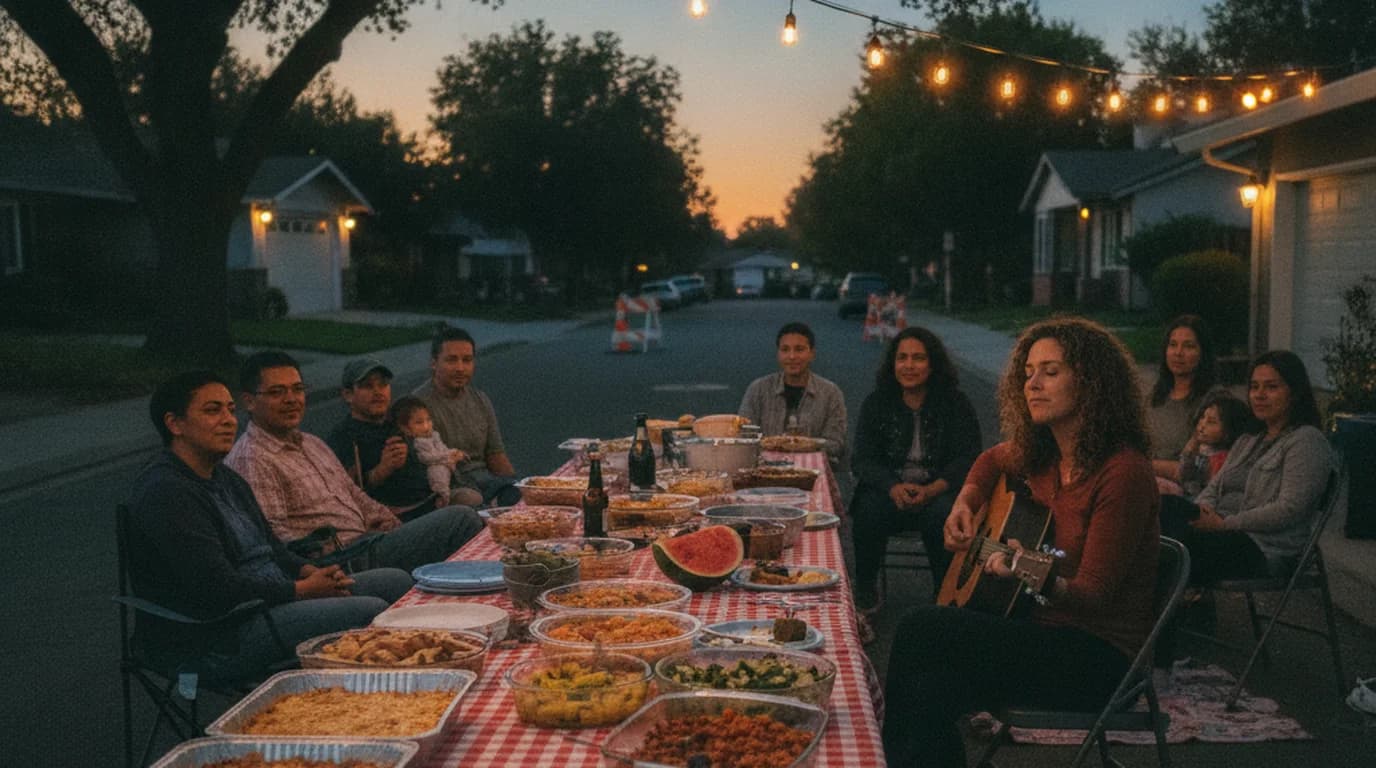 A potluck table and acoustic guitar on a closed San Jose street at dusk with a barricade in the background