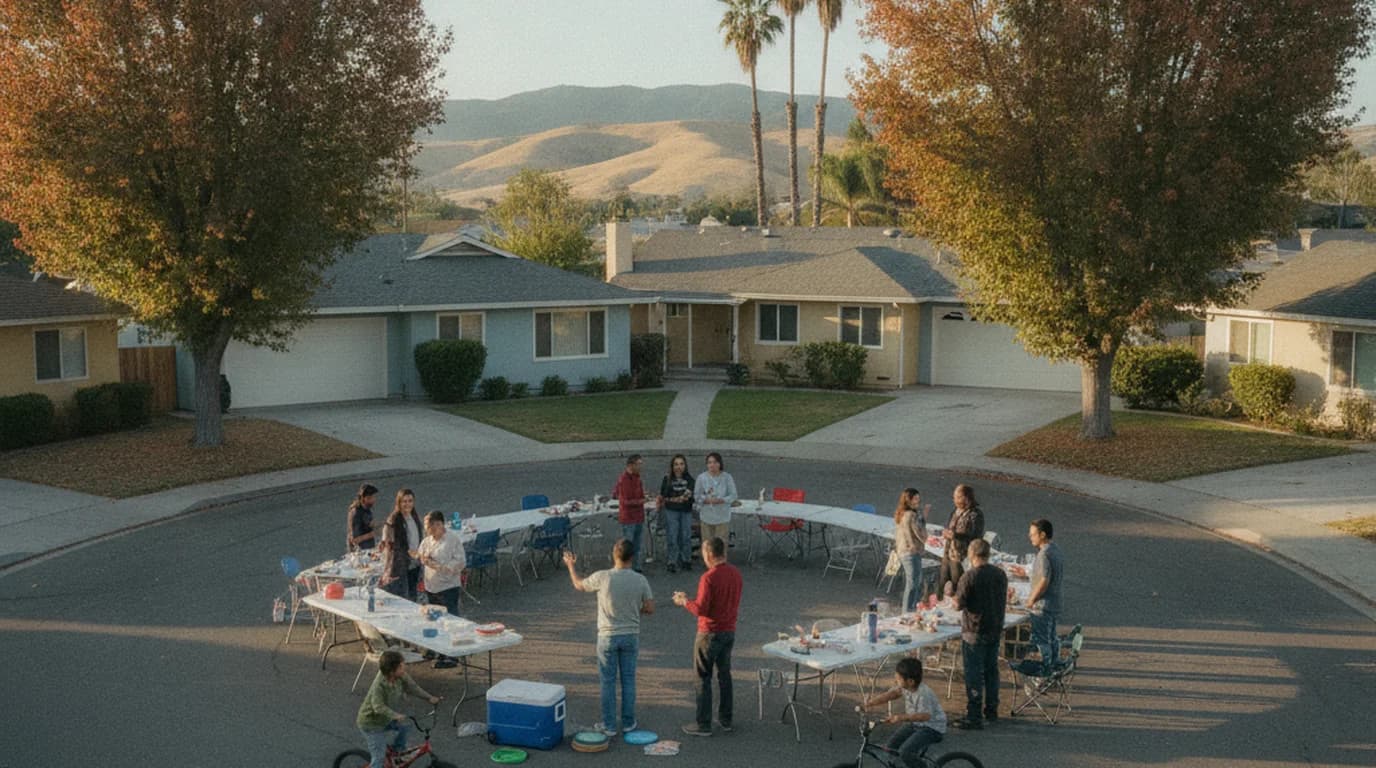 A San Jose cul-de-sac closed to traffic with folding tables and neighbors gathered between ranch houses