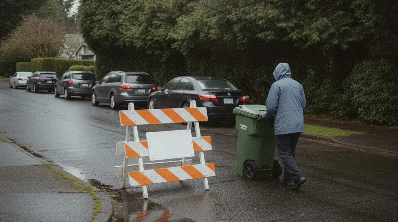 A person rolling a trash bin into place beside a traffic barricade at the end of a quiet Seattle residential street