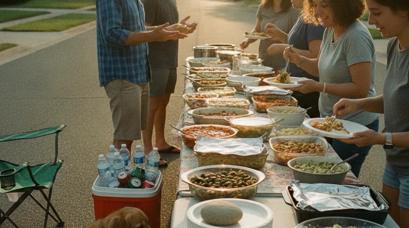 A potluck table set up in the middle of a closed neighborhood street with neighbors serving themselves