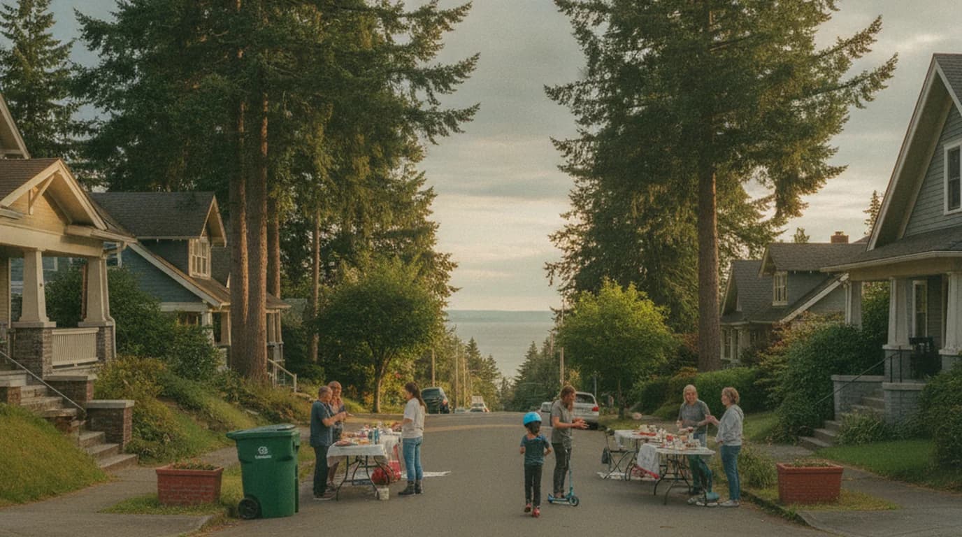 A closed residential street in Seattle with craftsman houses and folding tables set up down the center line during a block party