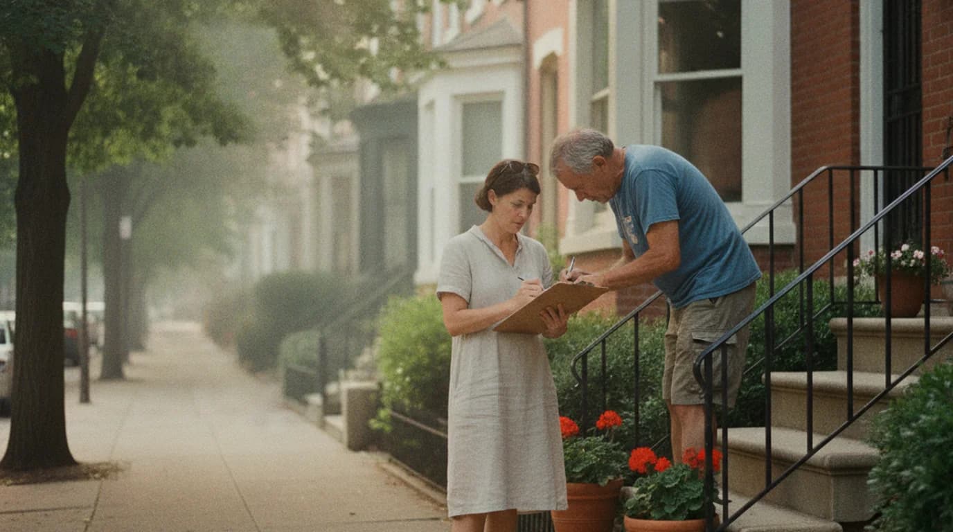 A neighbor signing a paper petition on the front stoop of a brick DC rowhouse