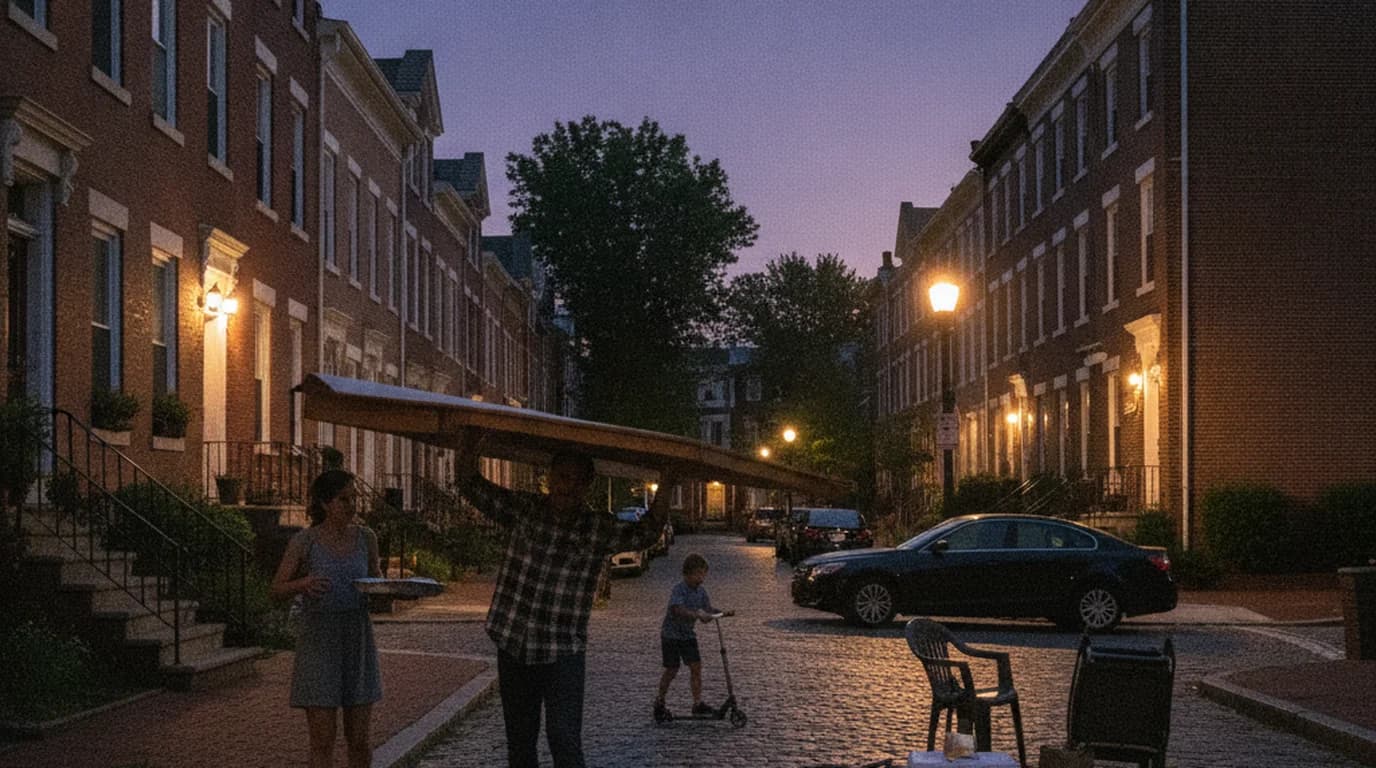 Neighbors folding tables and clearing a DC street at dusk at the end of a block party