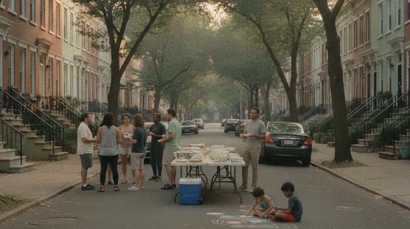 A tree-lined Washington DC rowhouse street closed for a block party with folding tables and neighbors talking