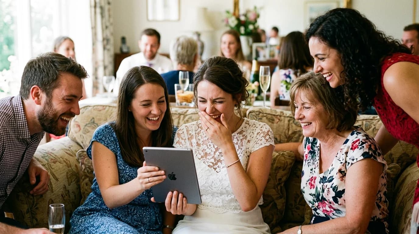 A bride laughing at a surprise video during her shower