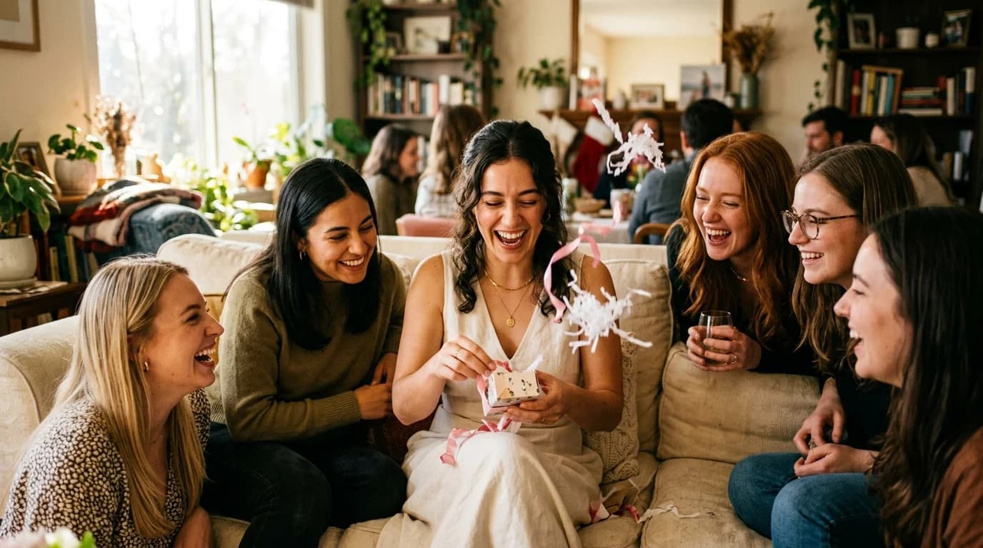 A bride-to-be opening a gift surrounded by friends on a sofa