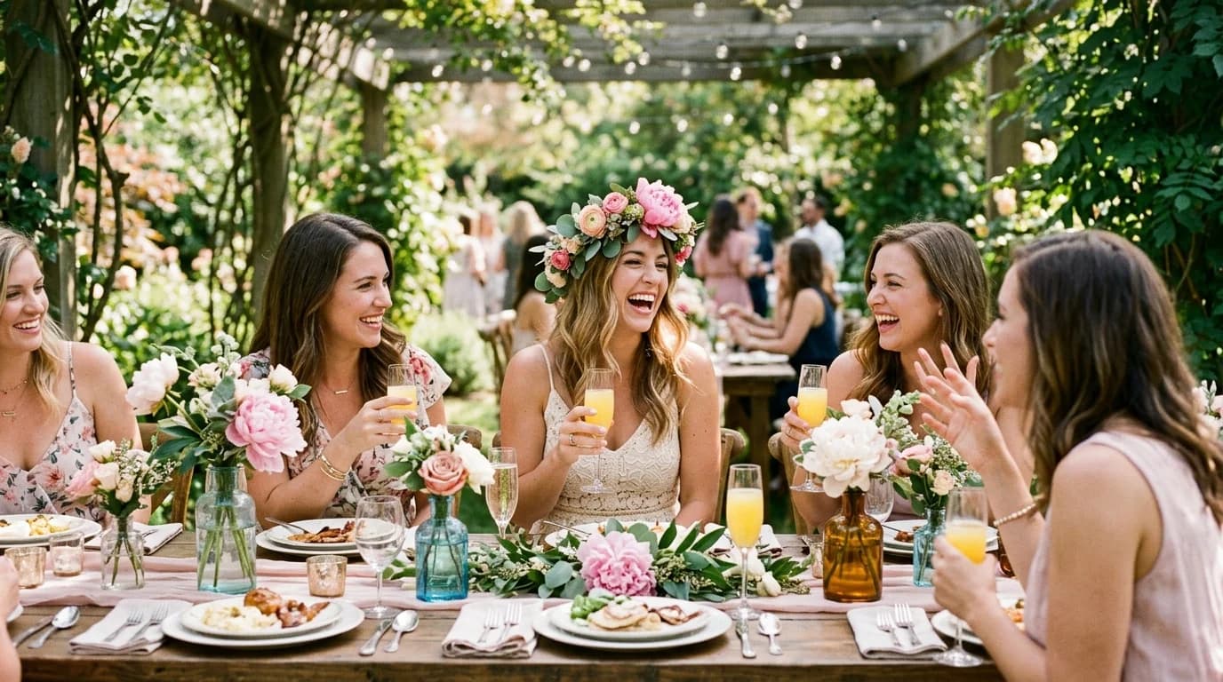 Women laughing around an outdoor bridal shower brunch table with peonies and champagne