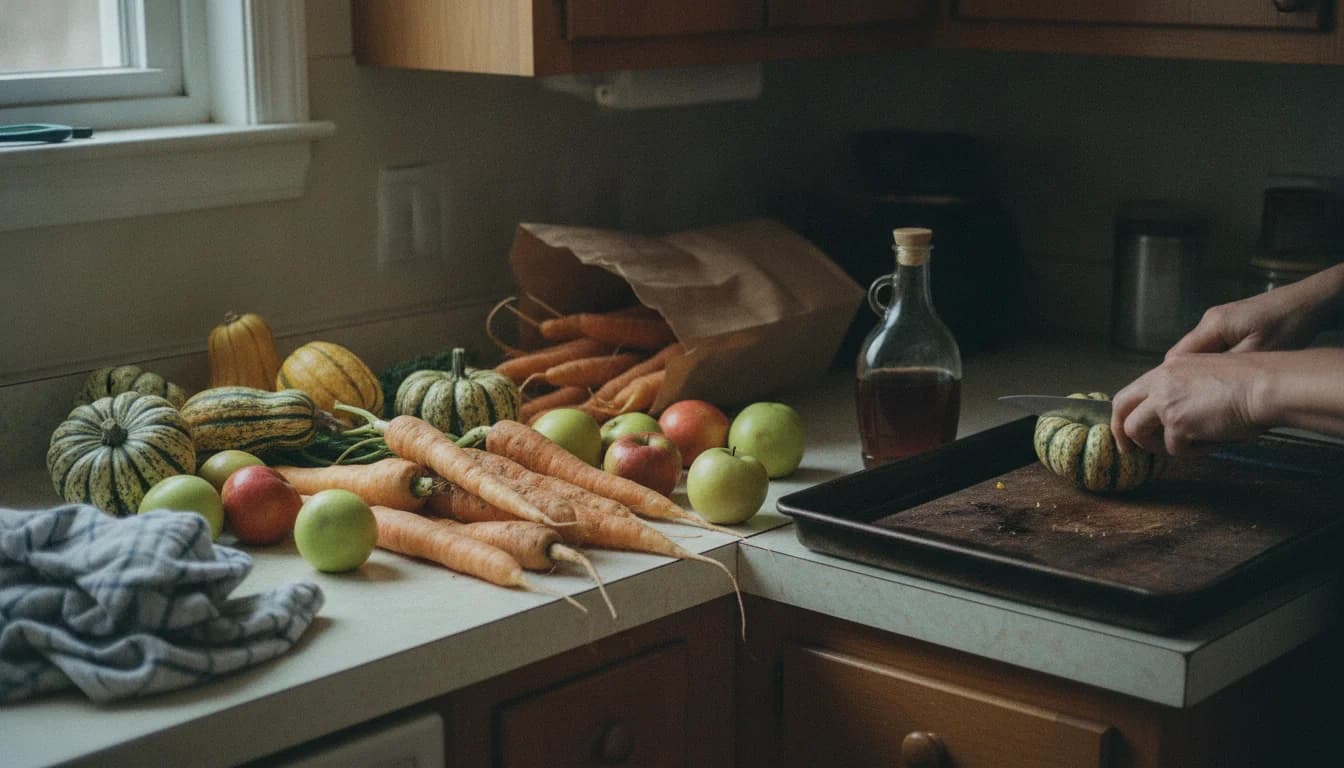 A wooden kitchen counter piled with squash, apples and root vegetables from an Ontario farm stand beside a roasting tray