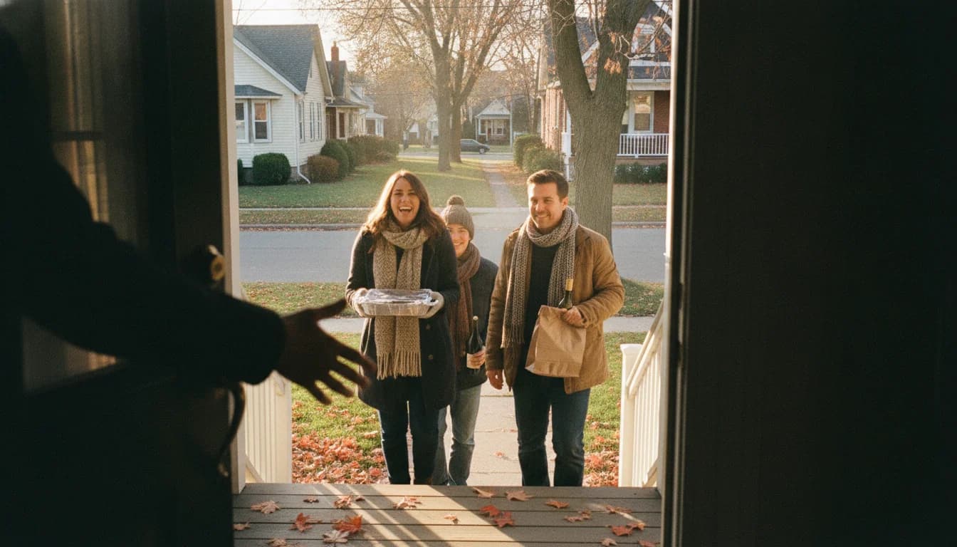 Guests in autumn coats arriving at a front door with fallen maple leaves on the step, one holding a covered dish