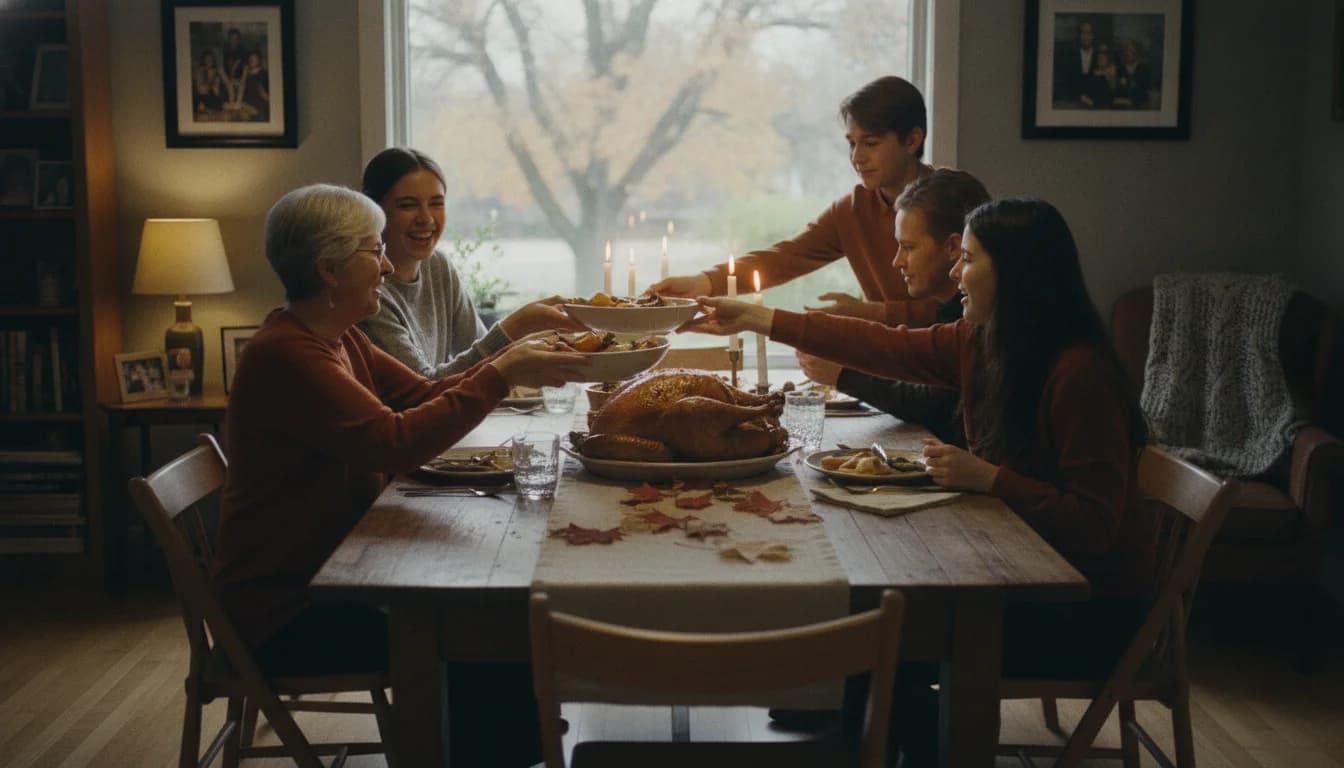 A Canadian family passing dishes around a long dinner table set with squash, candles and maple leaves under grey October light