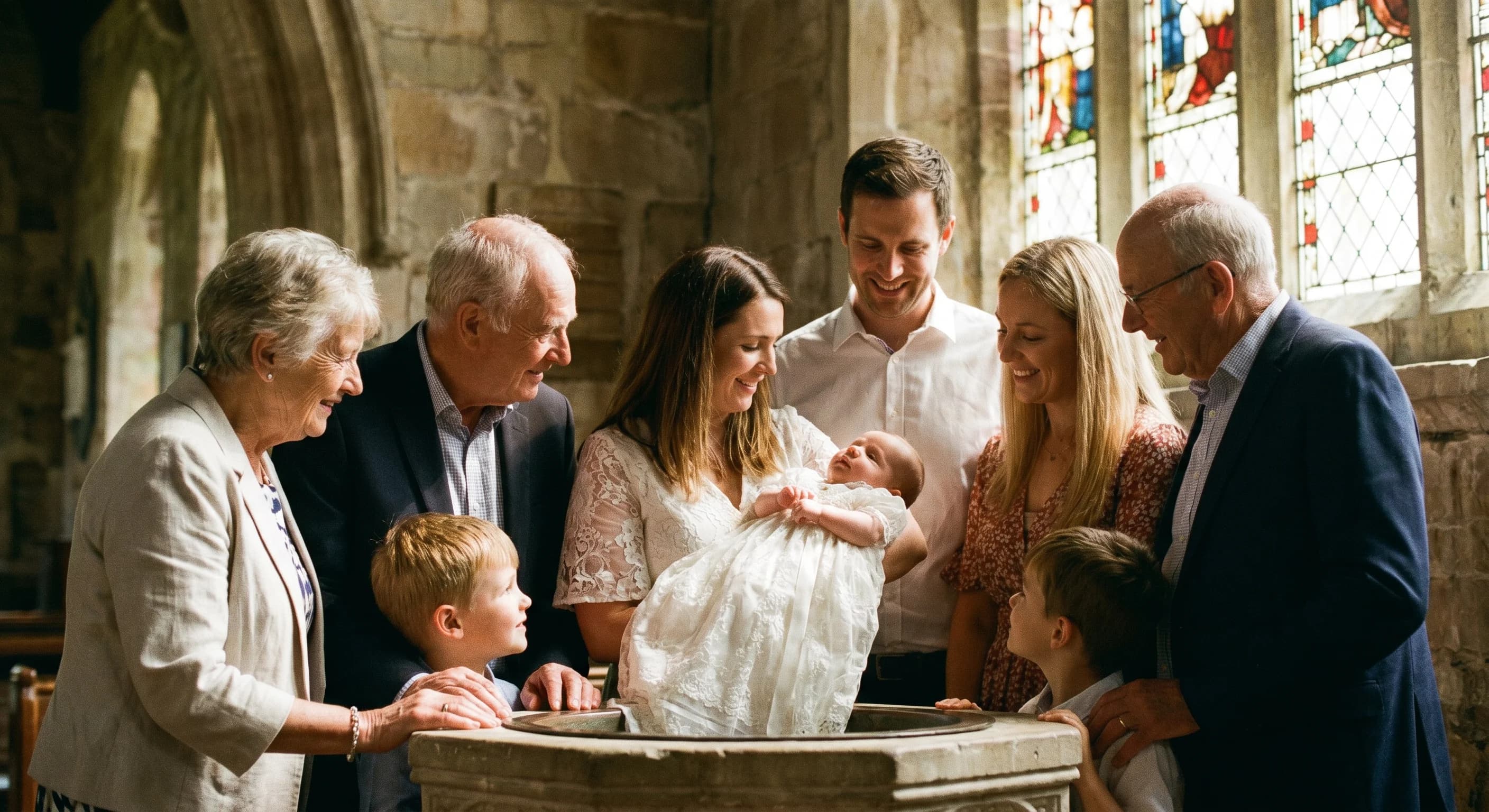 A family gathered around a baby in a white christening gown at a sunlit stone church font