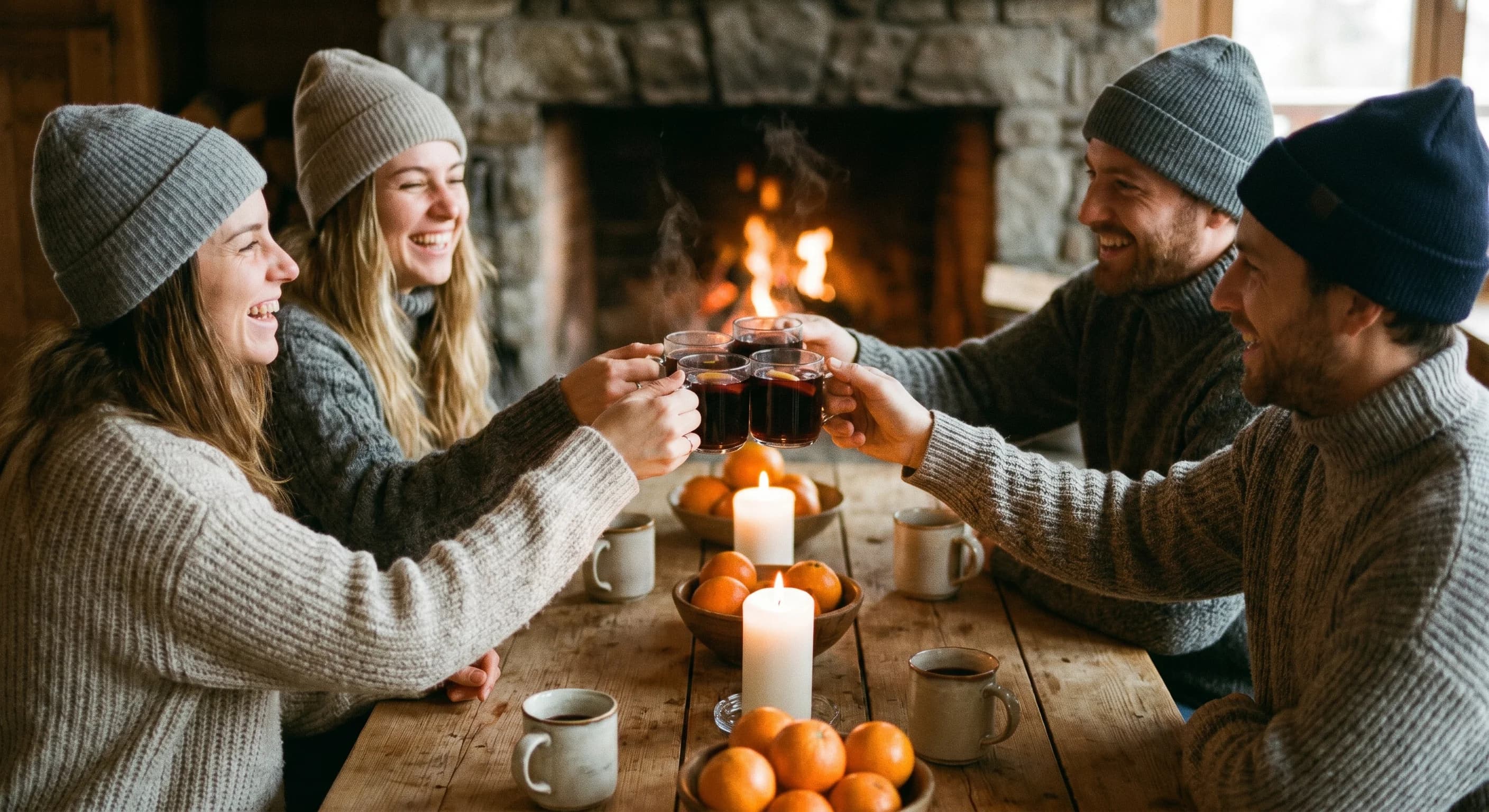 Guests in jumpers and beanies raising mugs of mulled wine around a winter table