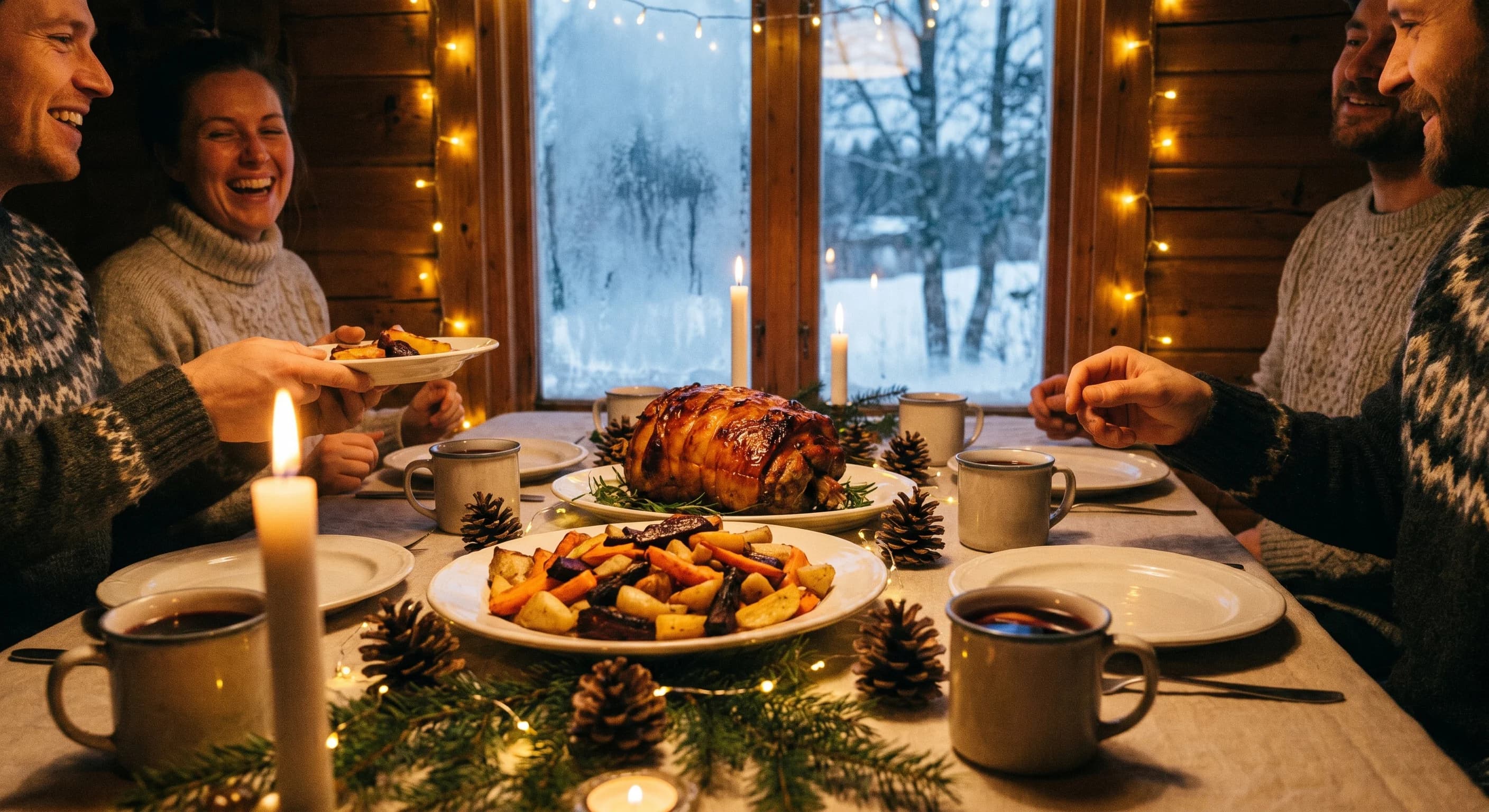 A cosy winter table set for Christmas in July with candles, mulled wine and a roast