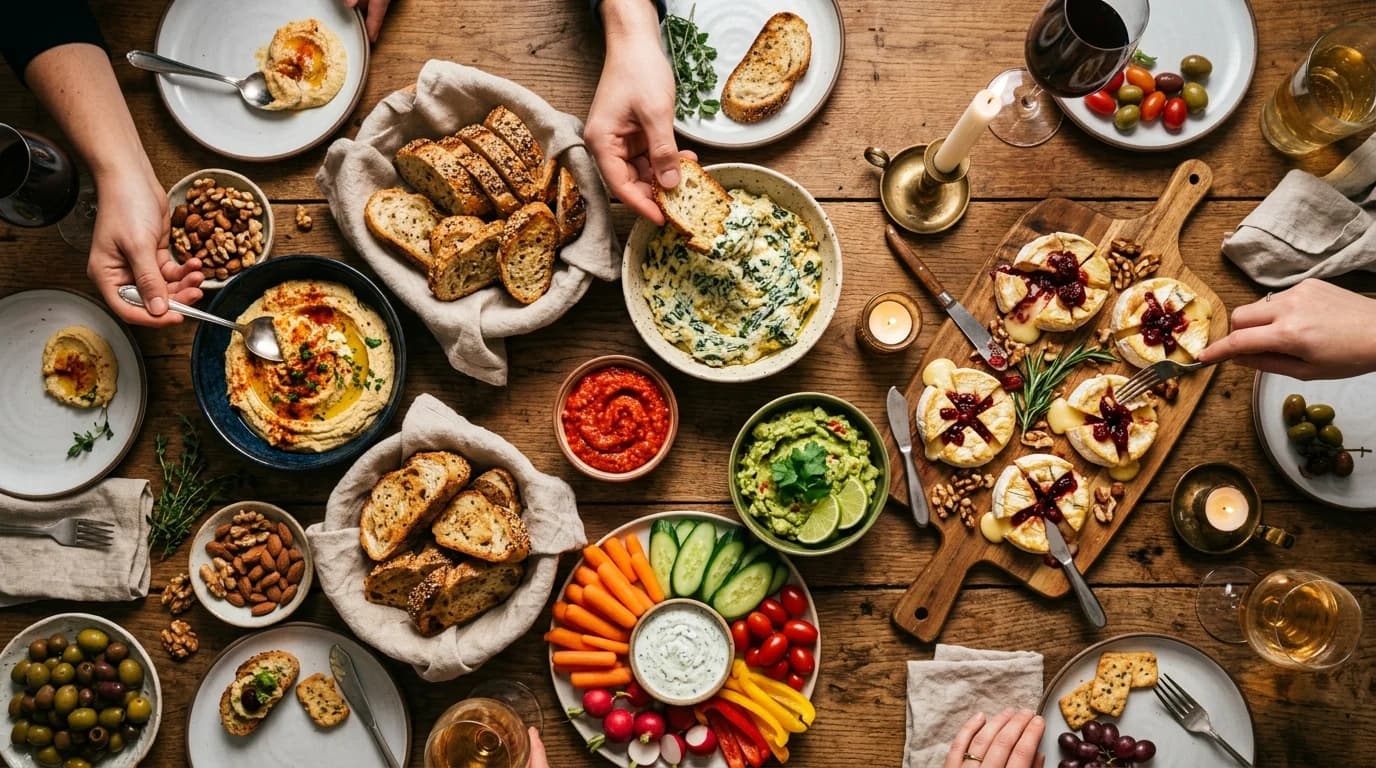 An overhead view of a holiday dip spread with hands reaching in