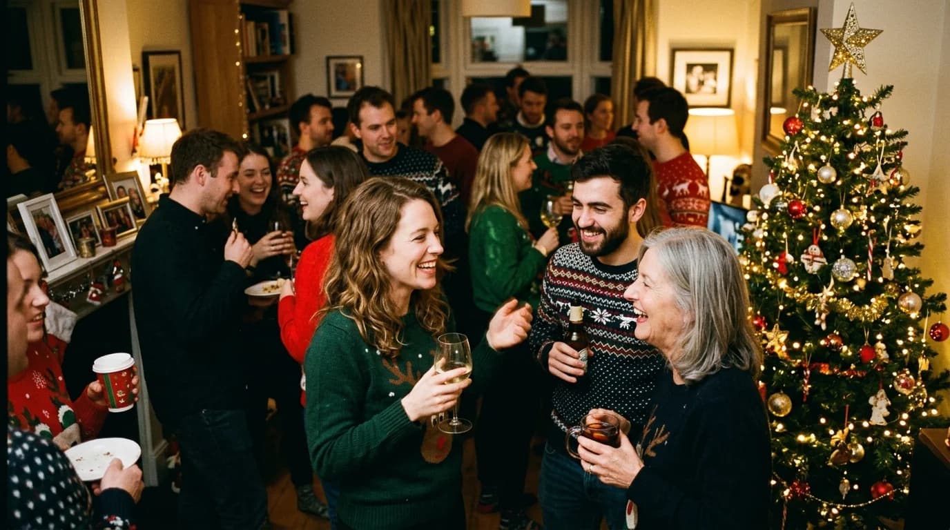 A crowded living room Christmas party with guests talking near the tree