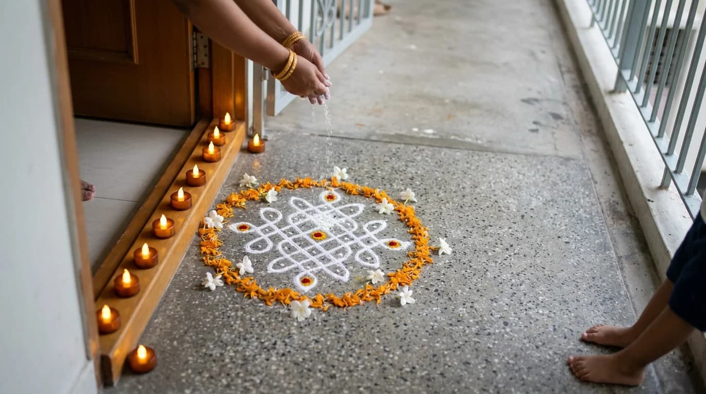 A rice flour kolam with a row of small LED lamps at the doorway of an HDB flat corridor