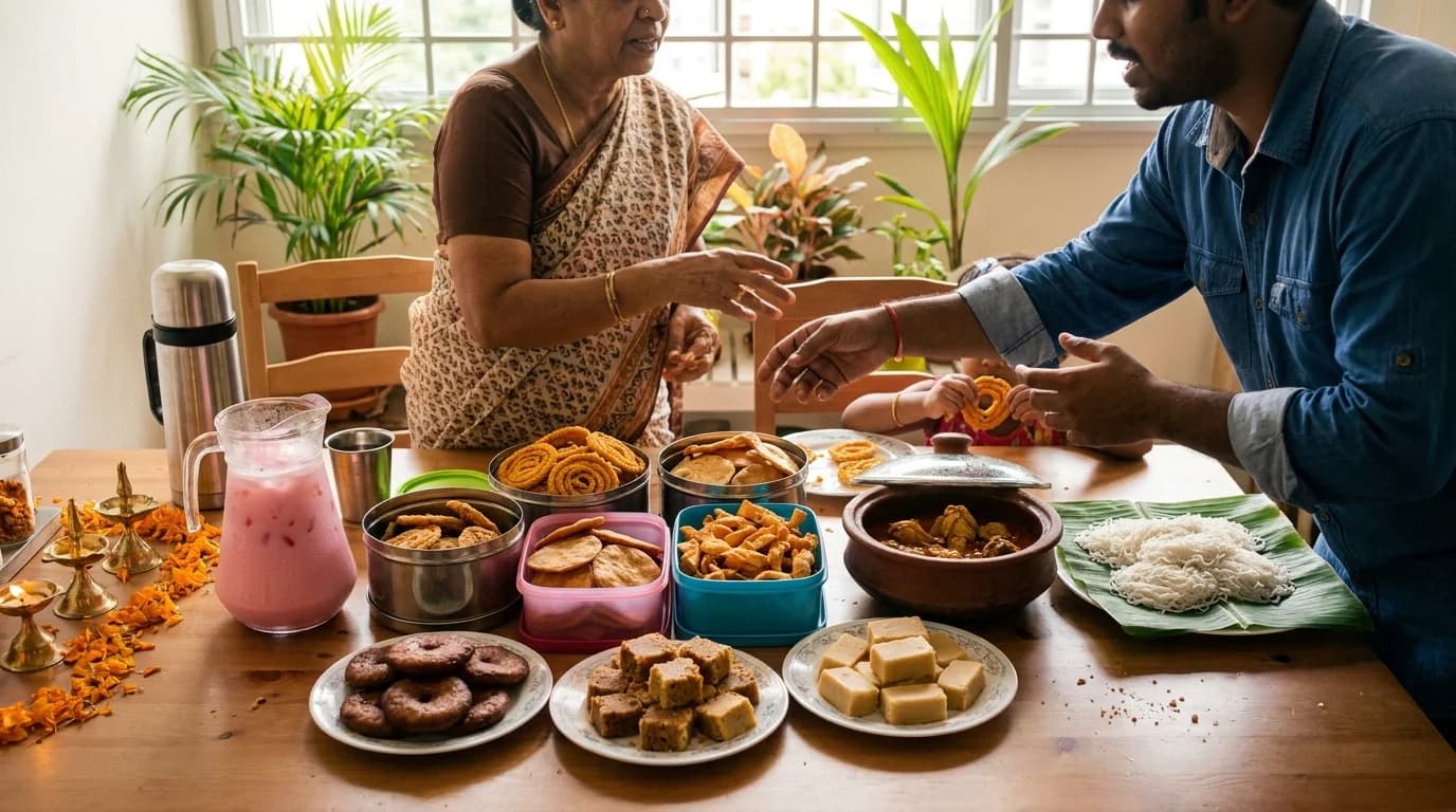 An open house table in a Singapore flat laid with tins of murukku and Indian sweets, a pot of curry and jugs of rose milk