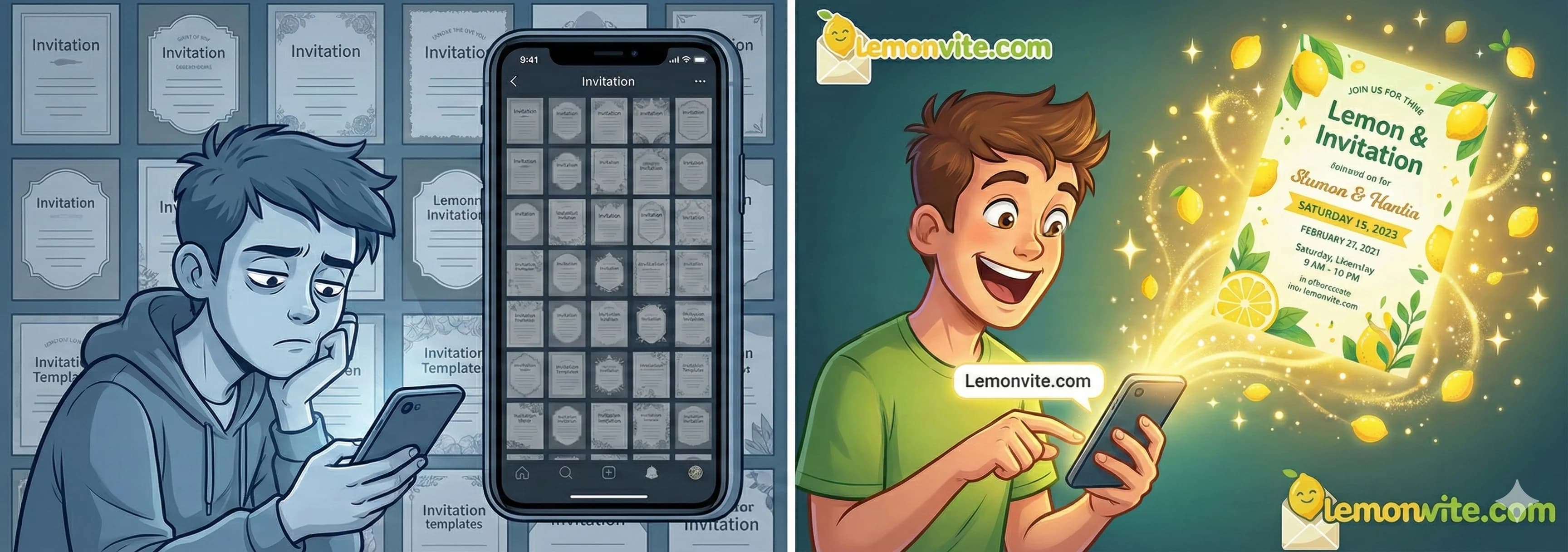 A side-by-side comparison. Left: A user scrolling endlessly through a grid of generic templates on a phone screen, looking bored. Right: A user typing a prompt into Lemonvite and seeing a magical burst of light form a perfect, unique invitation.