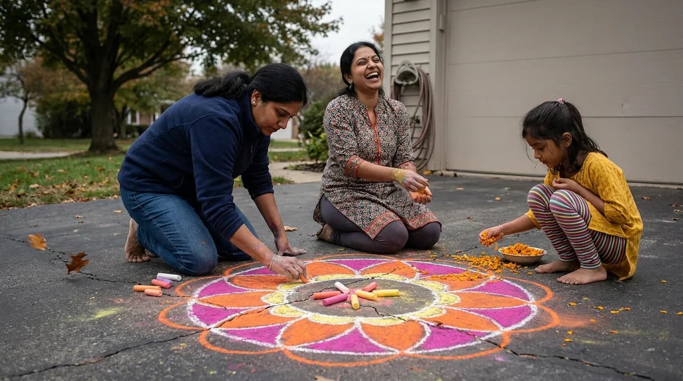 Two women kneeling on a concrete front walk drawing a colorful chalk rangoli while a child scatters marigold petals