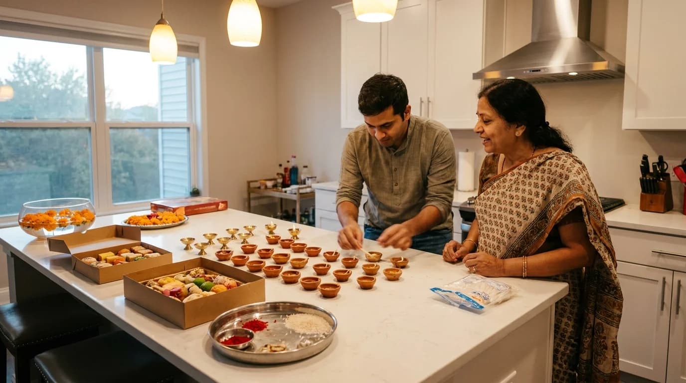 A kitchen island covered with brass diyas, mithai boxes and marigold heads while family members prepare a puja thali