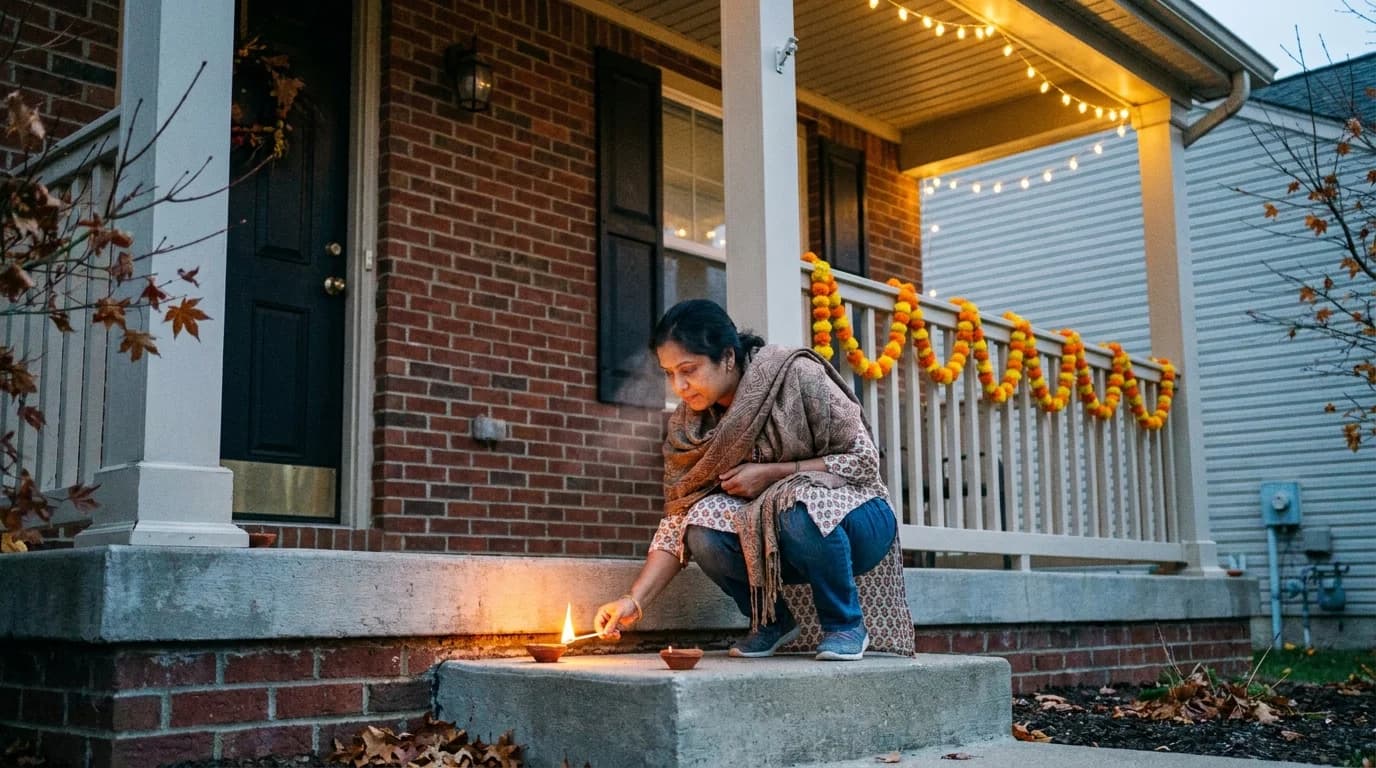 A suburban American front porch decorated with marigold garlands and lit diyas on the steps at dusk