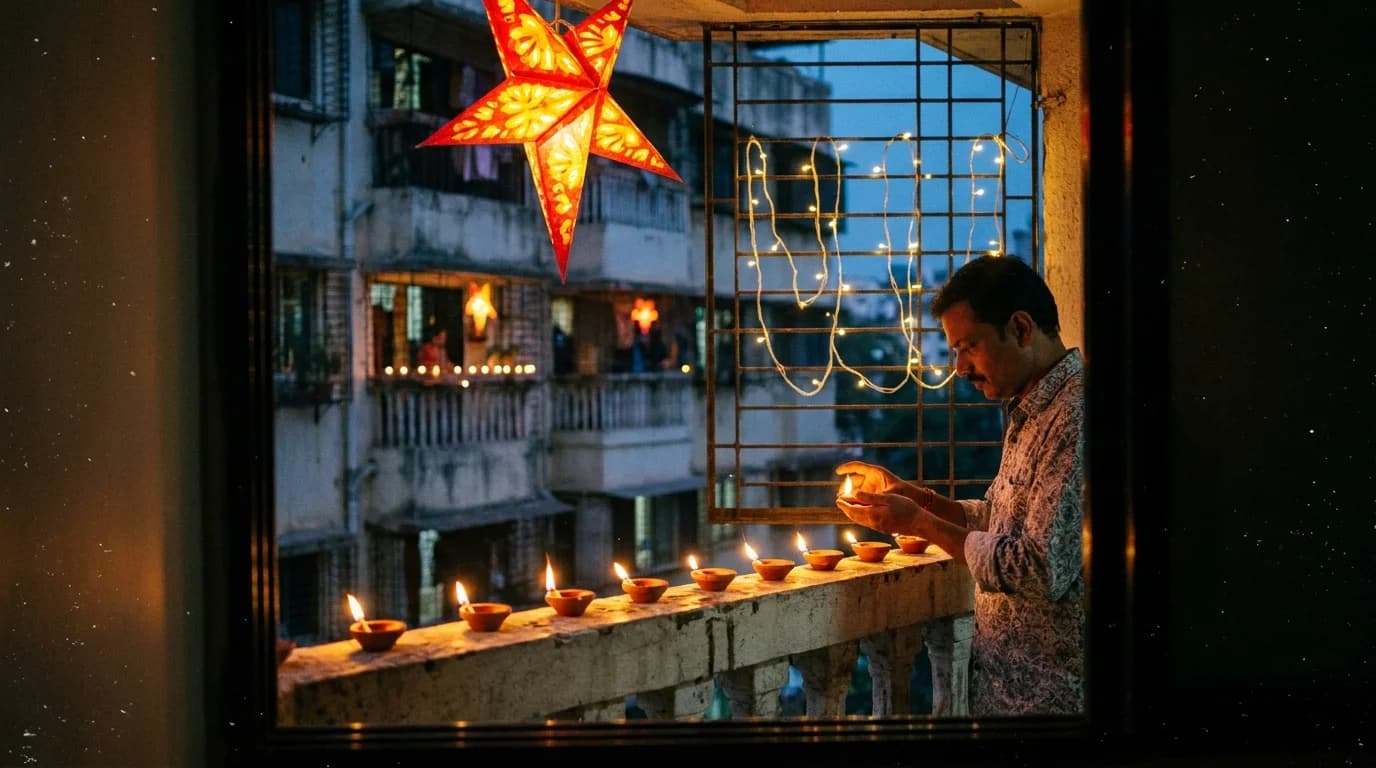 Warm earthen diyas lining a balcony parapet with a paper akash kandil glowing above at dusk