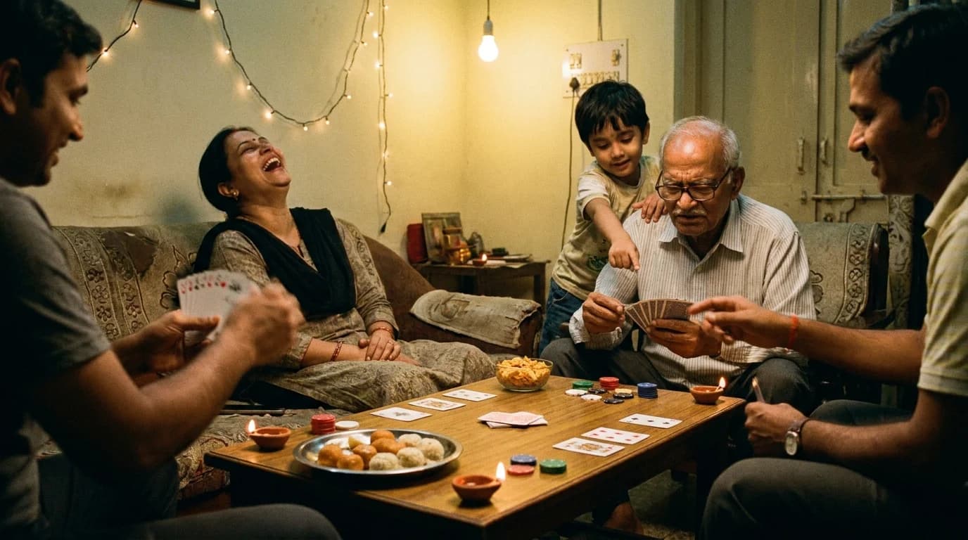 A family playing cards around a low table on Diwali night with chips, mithai and diyas beside them