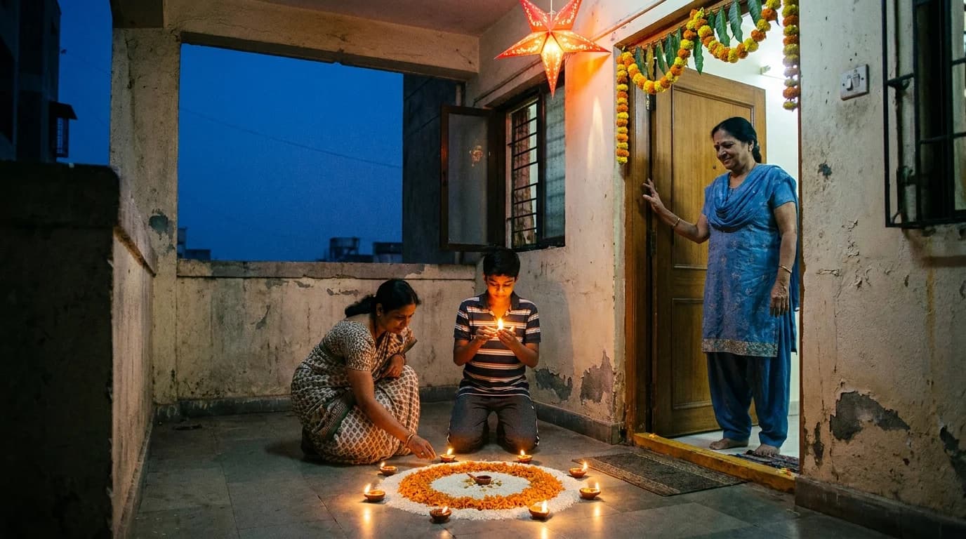 A family lighting earthen diyas around a fresh rangoli at the doorstep of a home during Diwali evening
