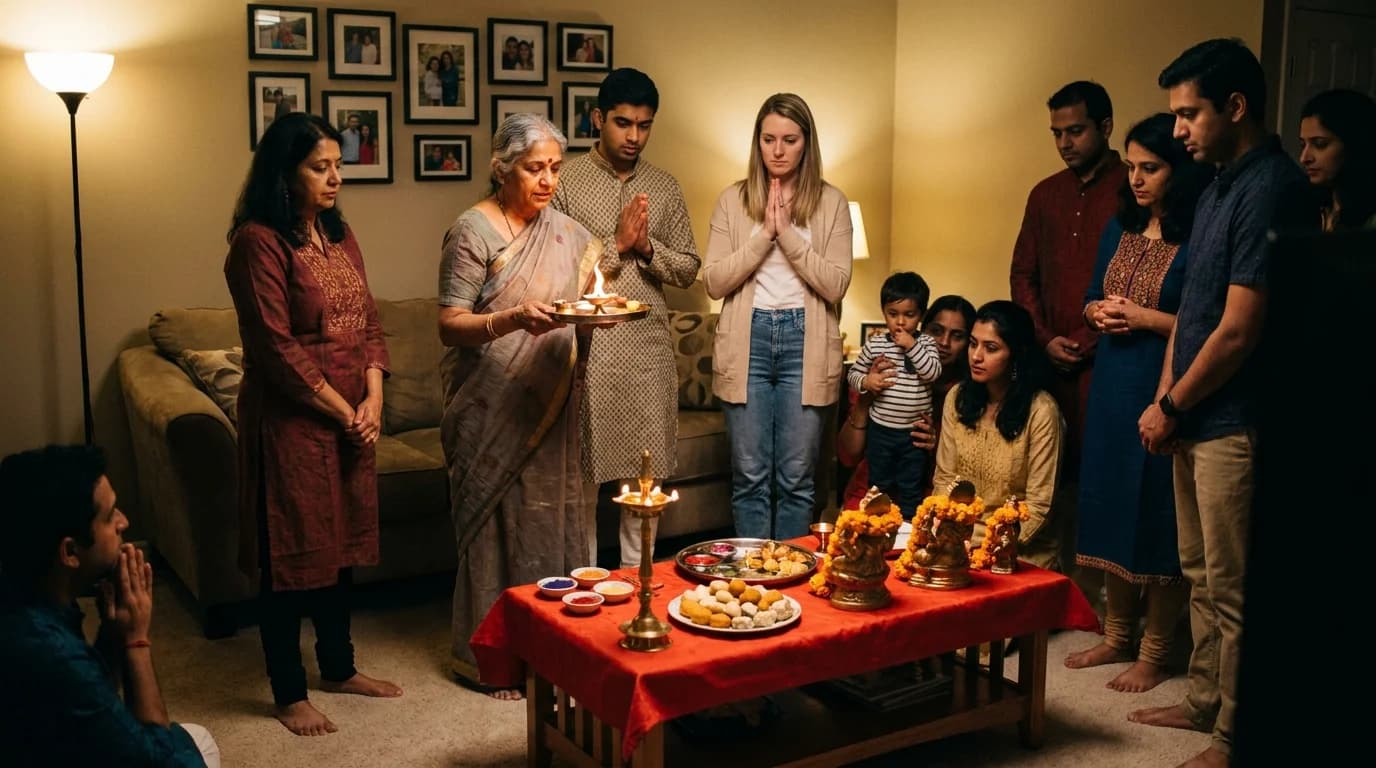 Guests in a mix of kurtas and everyday clothes gathered around a small home puja with an oil lamp and marigolds
