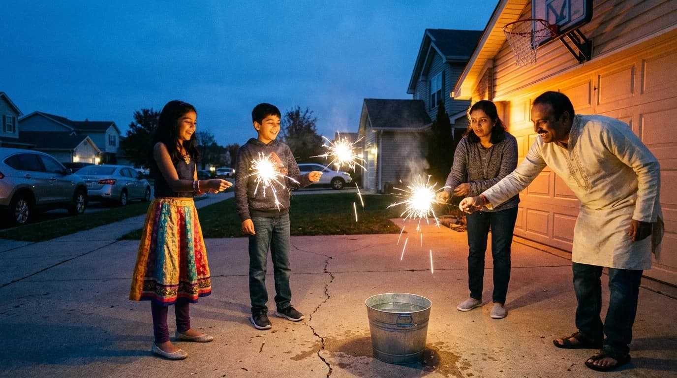 Sparklers lit in a suburban driveway at dusk with children and adults watching from the garage