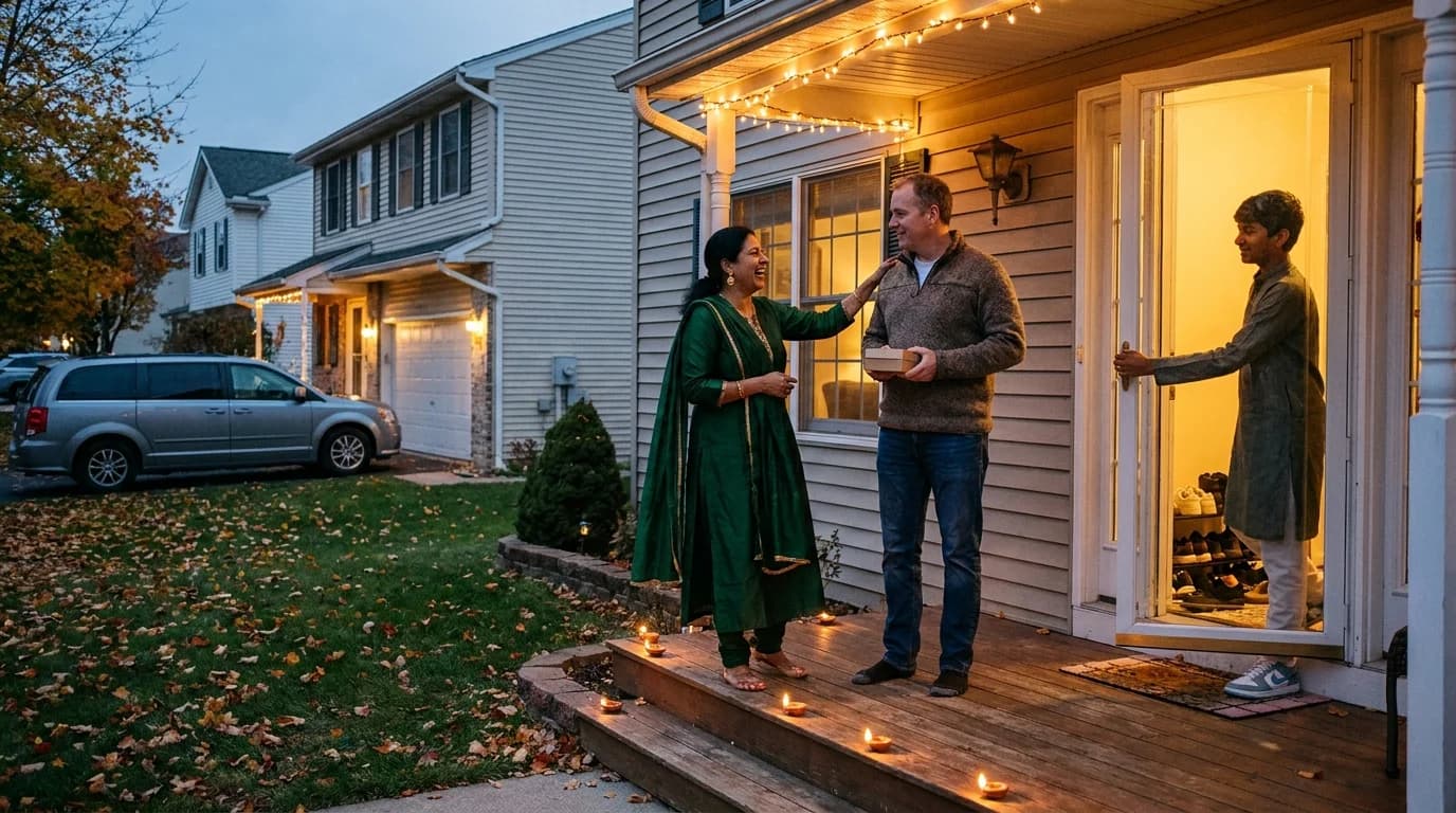 An Indian-American family welcoming guests at the front door of a suburban house lined with lit diyas