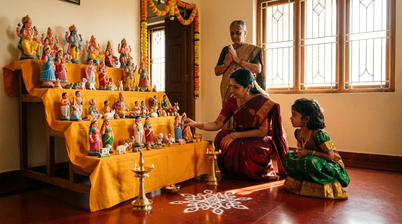 A tiered Golu display of arranged dolls in a South Indian home lit by brass oil lamps with women and children looking at it
