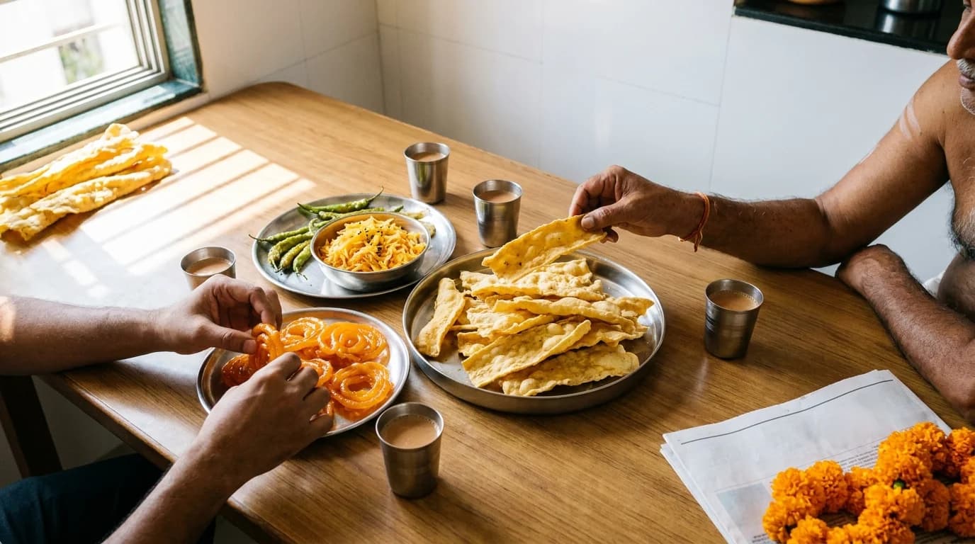 Hot fafda and jalebi on steel plates at a family breakfast table on Dussehra morning