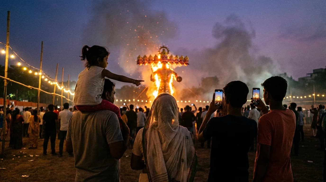 A crowd of families watching a towering Ravana effigy burn against the evening sky at a Dussehra ground