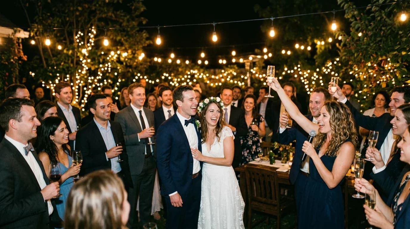 Guests toasting an engaged couple in a string-lit backyard