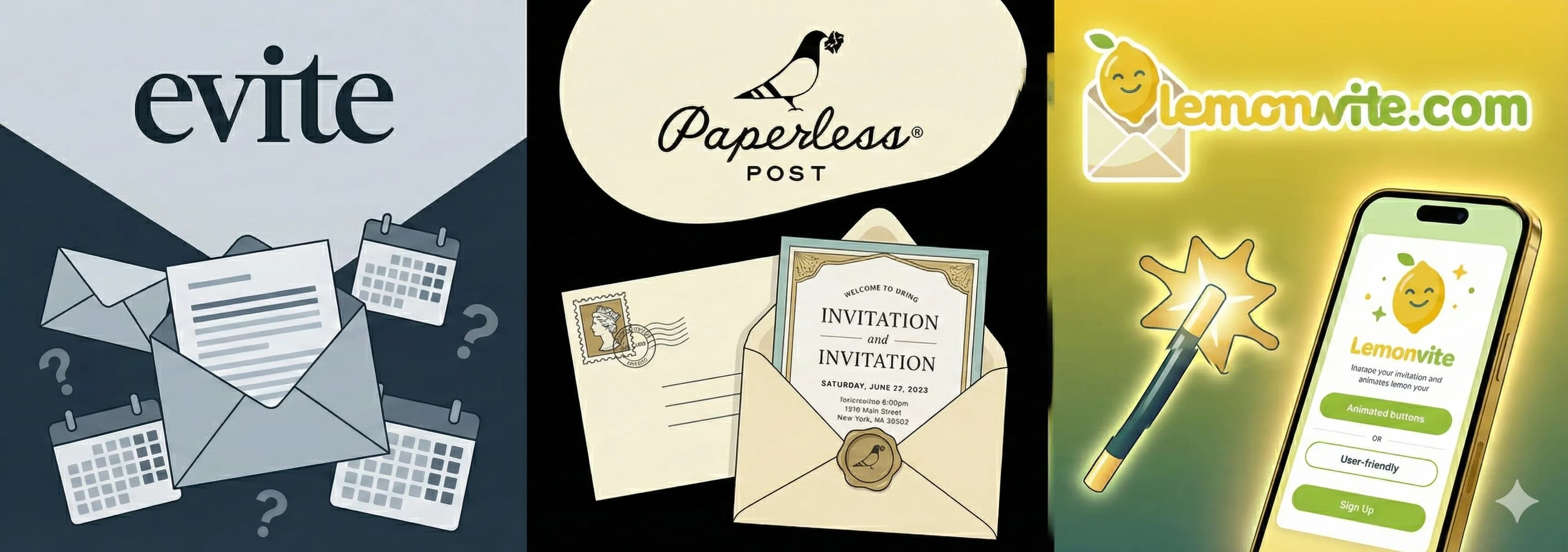 A three-way split comparison illustration. Left: An 'Evite' logo style section with a slightly cluttered look. Middle: A 'Paperless Post' style section with an envelope and stamp. Right: A 'Lemonvite' section featuring a glowing design wand and a clean mobile interface. The Lemonvite section should look the most modern and appealing.