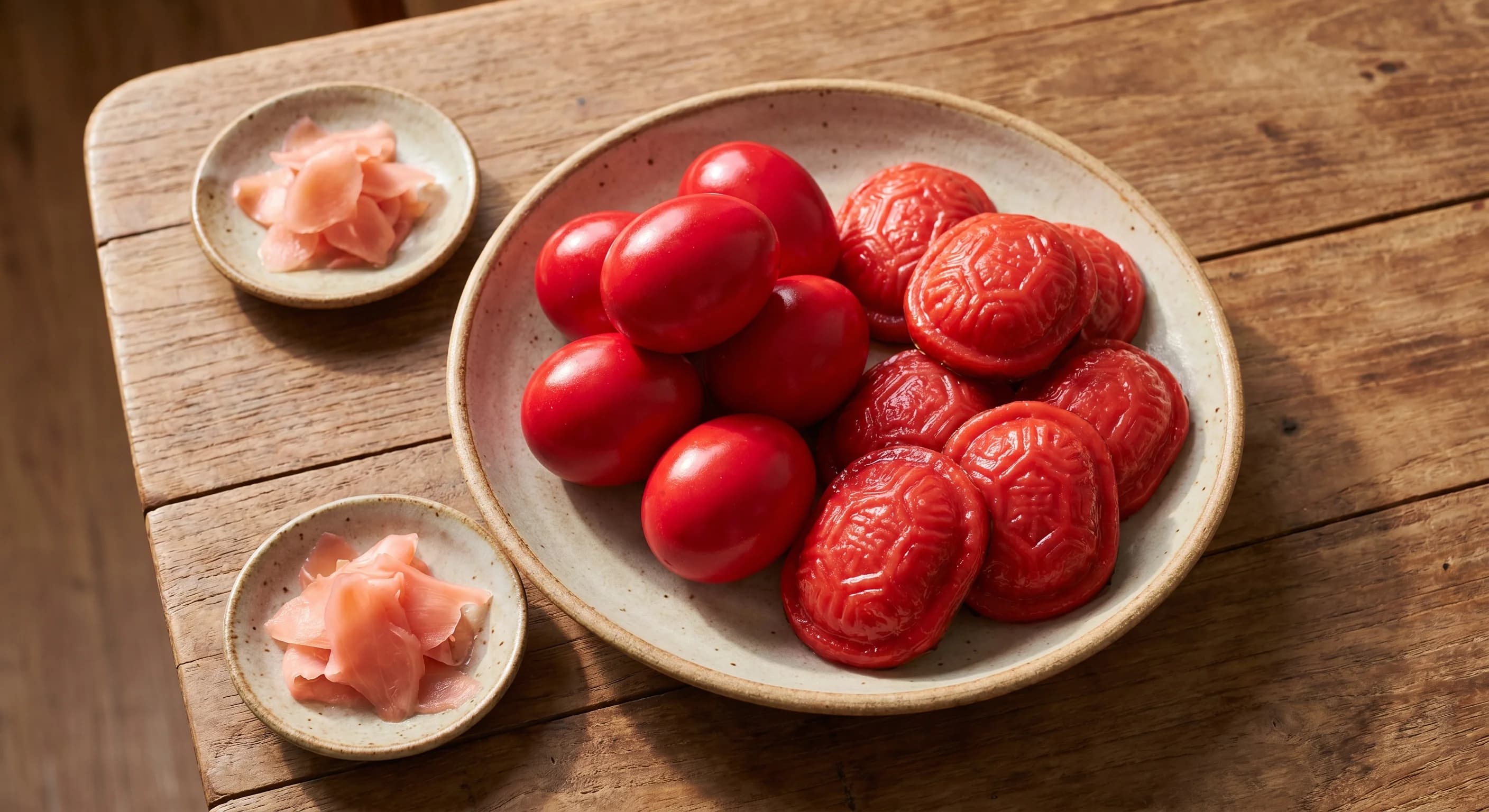 A close-up platter of bright red dyed eggs and red tortoise-shaped ang ku kueh arranged for a full-month celebration
