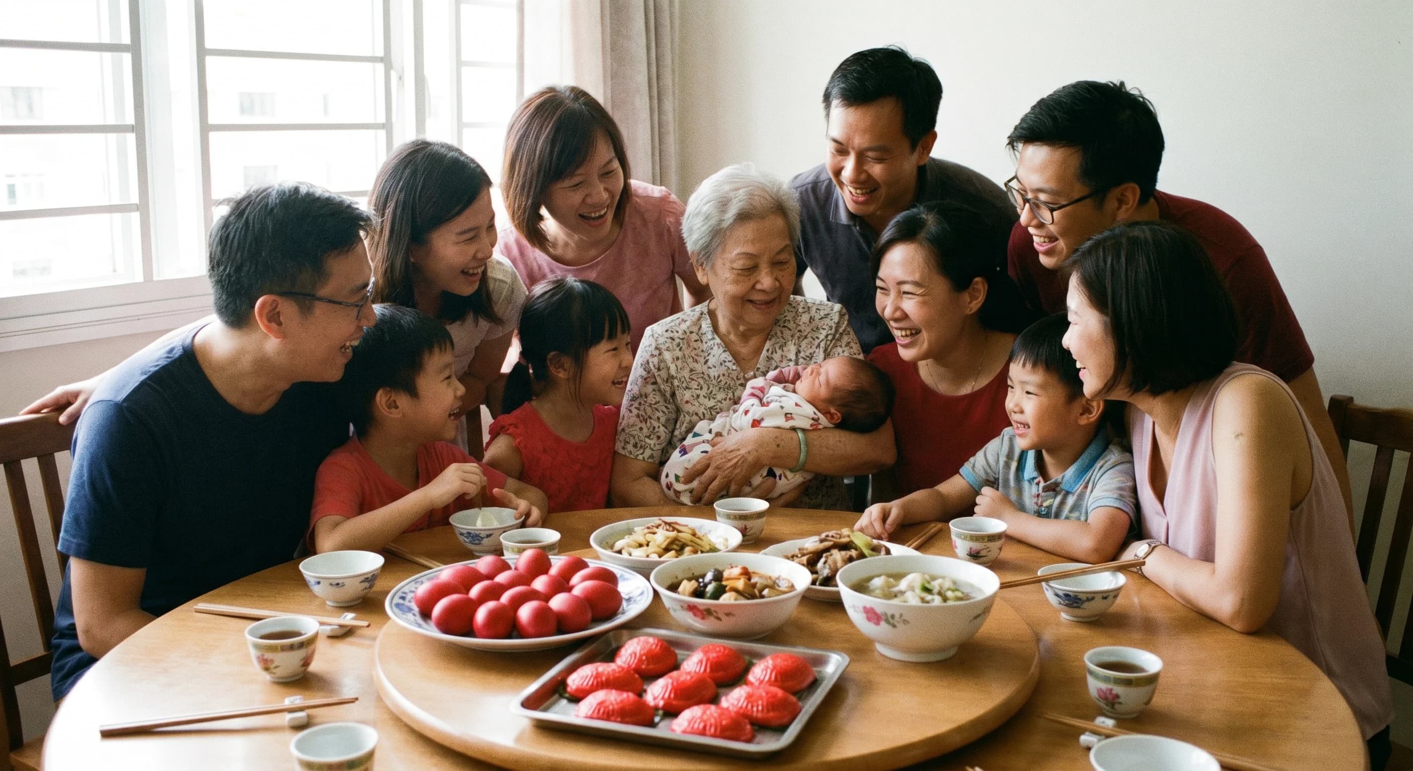 A warm multi-generational Singaporean Chinese family gathered around a baby at a full-month celebration table set with red eggs and dishes