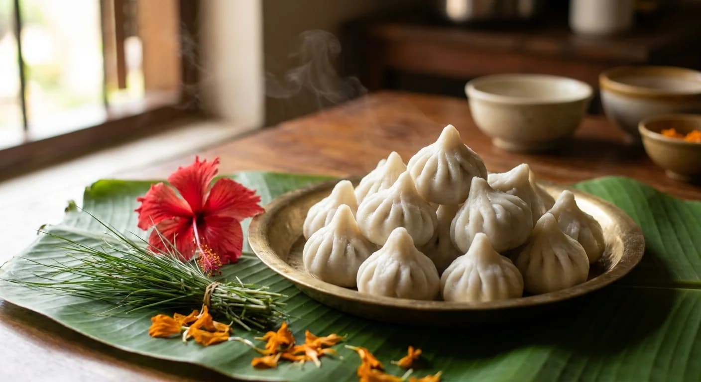 A plate of freshly steamed ukadiche modak on a banana leaf next to durva grass and red flowers