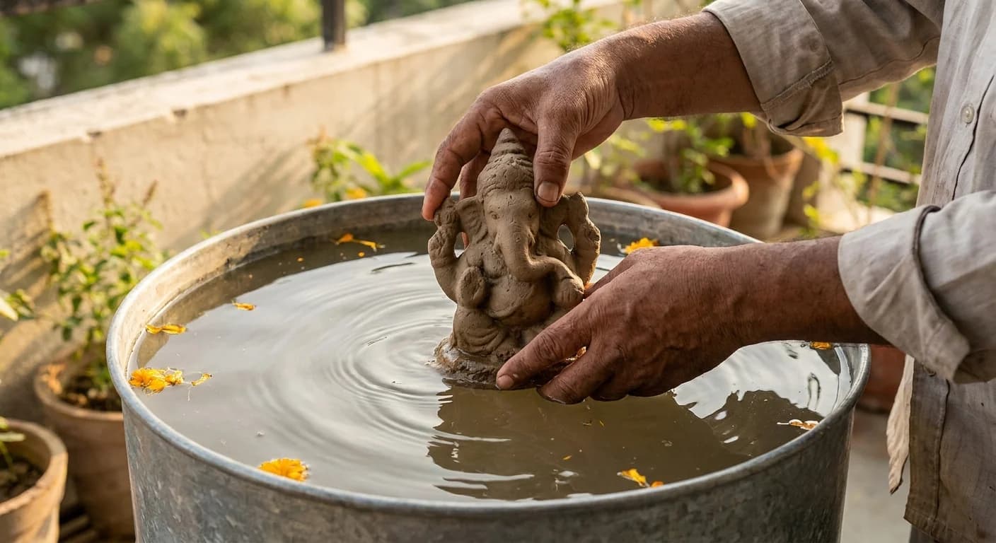 A pair of hands gently lowering a small clay Ganesha idol into a drum of water for a home visarjan