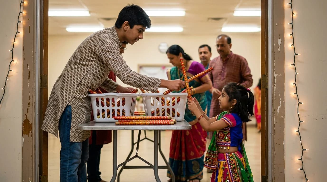 Bundles of painted wooden dandiya sticks in plastic bins on a folding table as guests pick up pairs