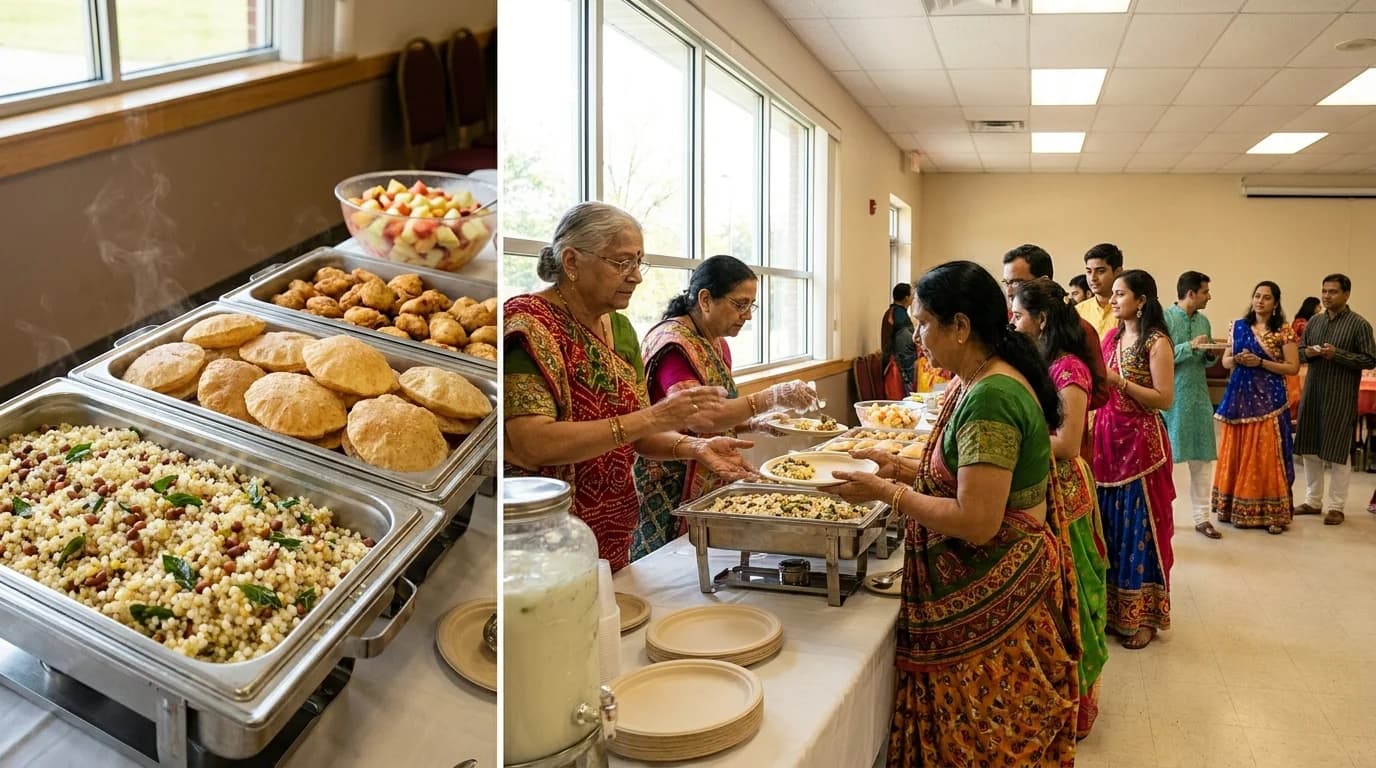 A community hall food table with sabudana khichdi and rajgira puri in warming trays while volunteers serve guests in festive clothes