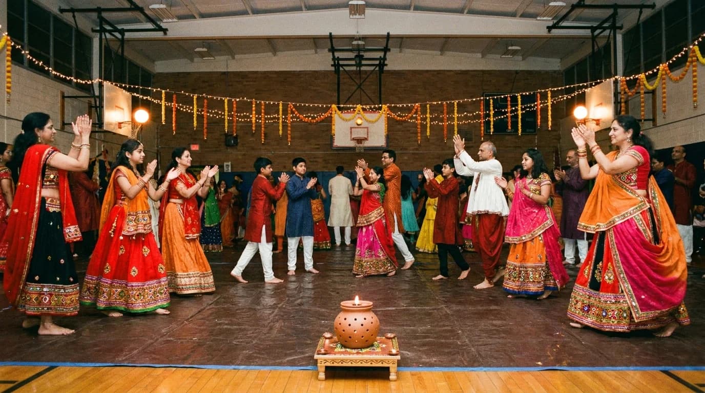 Dancers in chaniya choli and kediyu moving in wide circles across a covered school gym floor at a community garba night