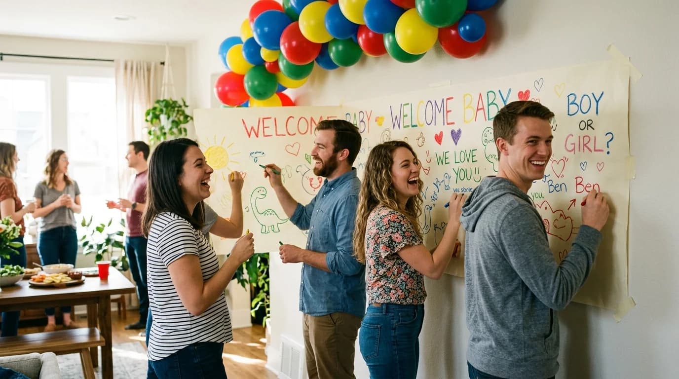 Guests drawing on a large paper banner at a crayon-themed baby shower