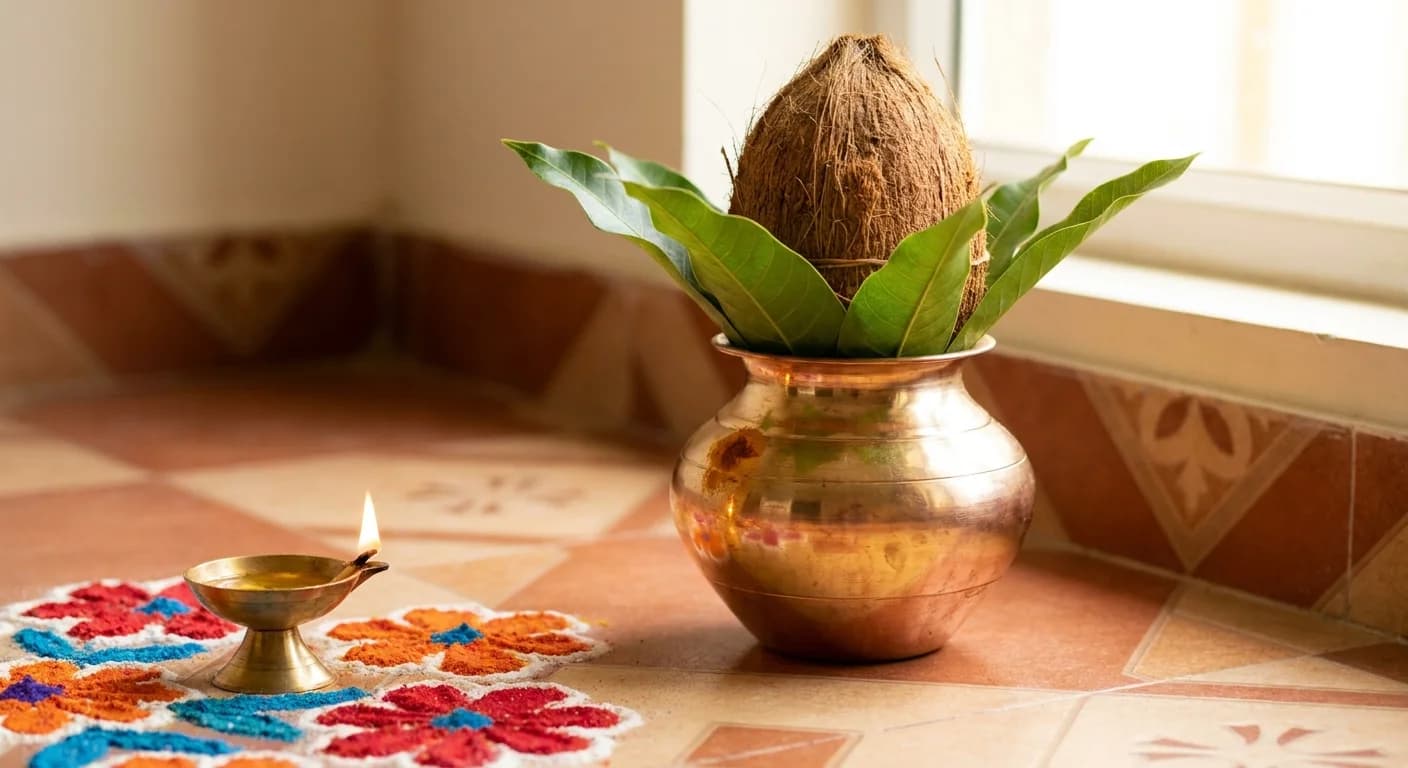 A copper kalash topped with mango leaves and a coconut beside a lit oil lamp and rangoli on a new home floor