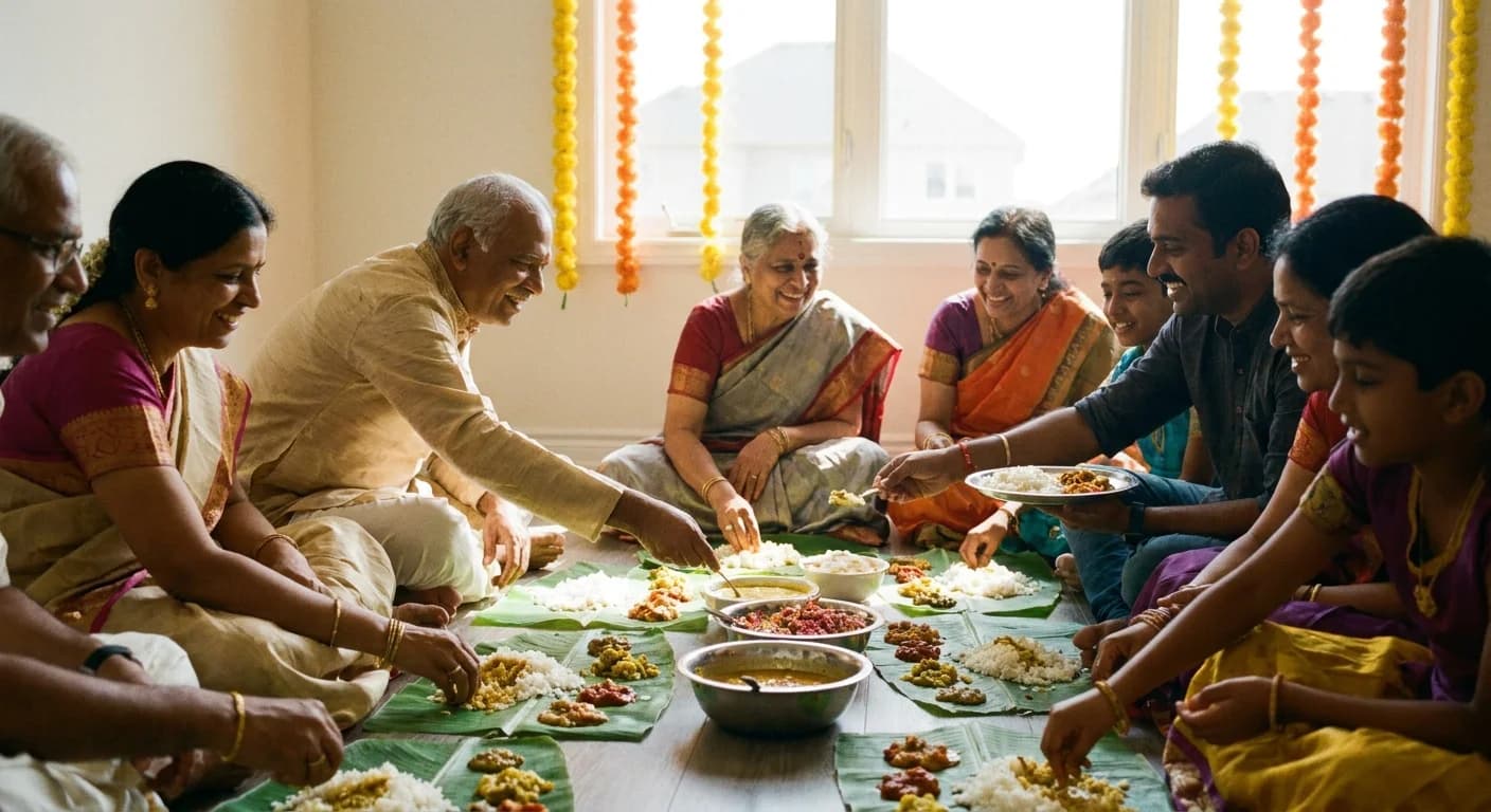 Guests sharing a celebratory lunch on banana leaves in a bright new home after a griha pravesh ceremony