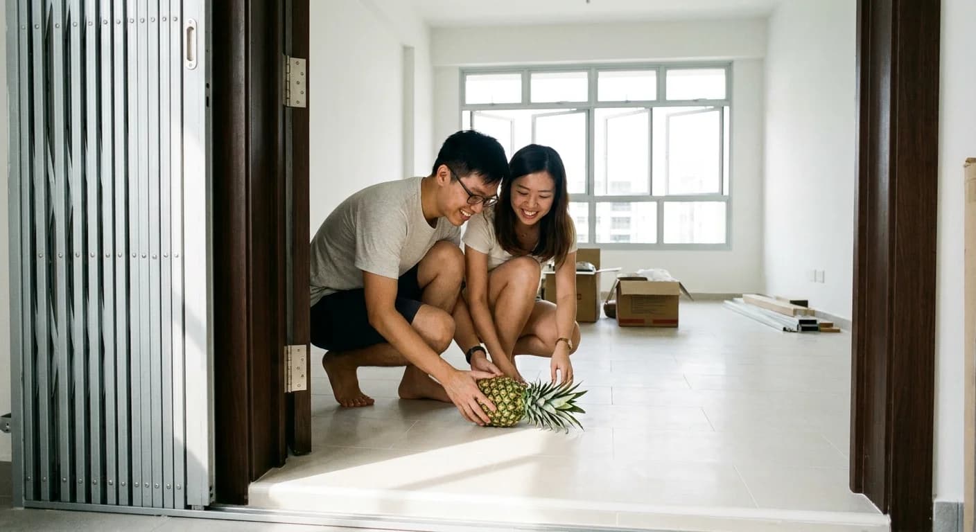 A young couple crouched at the doorway of their new HDB flat, rolling a pineapple across the threshold into the empty rooms
