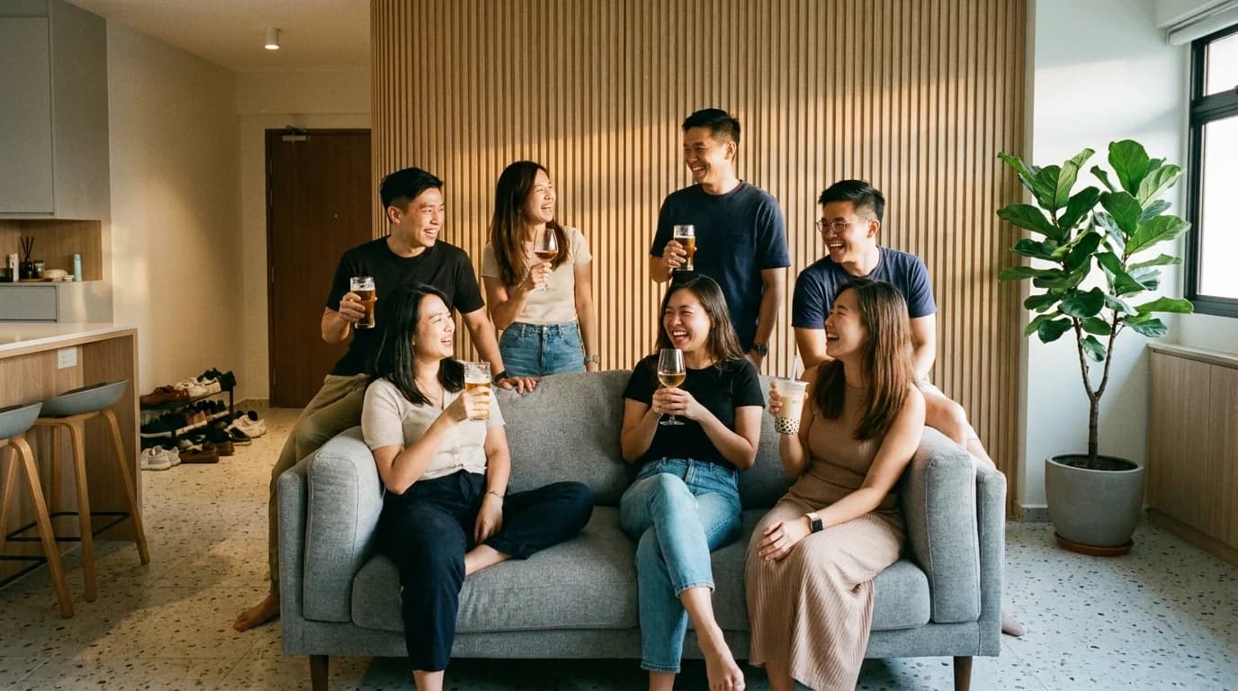 Friends crowded into a freshly renovated HDB living room laughing, shoes left at the door, drinks in hand
