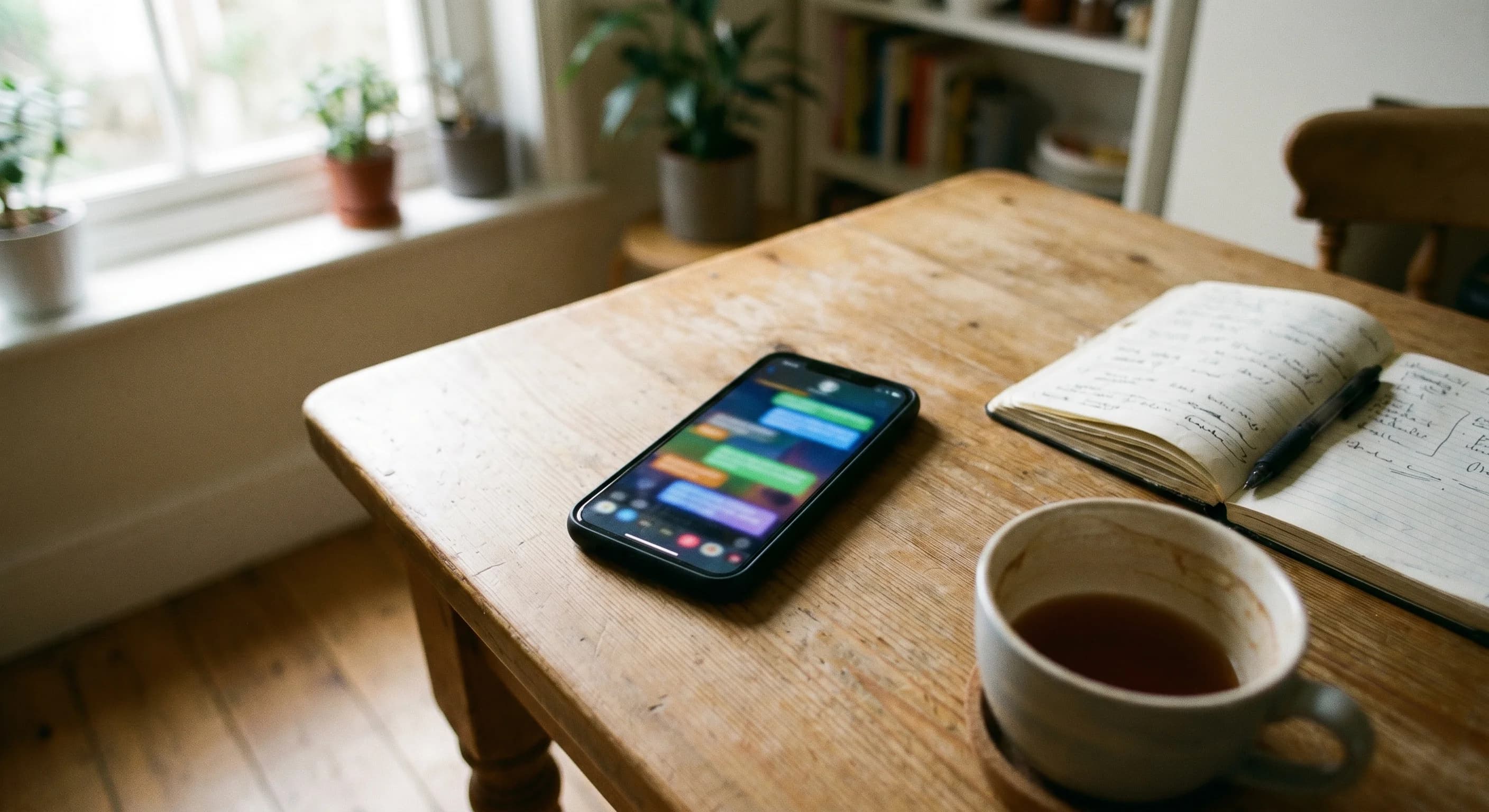 A phone on a kitchen table showing a lively group chat, with a notebook and pen and a cup of tea beside it, candid morning light